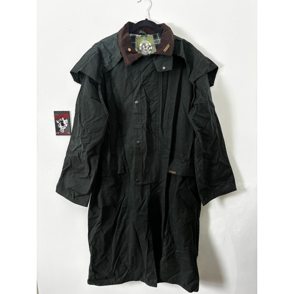 Vintage Oxford Waxed Cotton Duster Trench Coat Green Xl Corduroy Plaid Lined